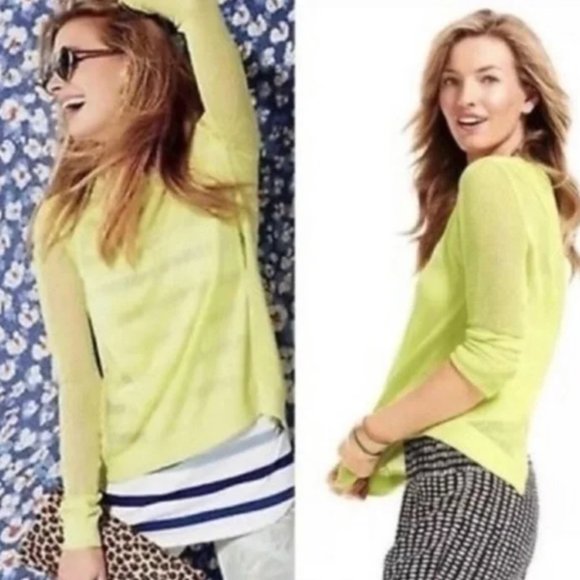 CAbi Split Back Mesh Knit Sleeve Crew Neck Lemon/Lime Sweater szS